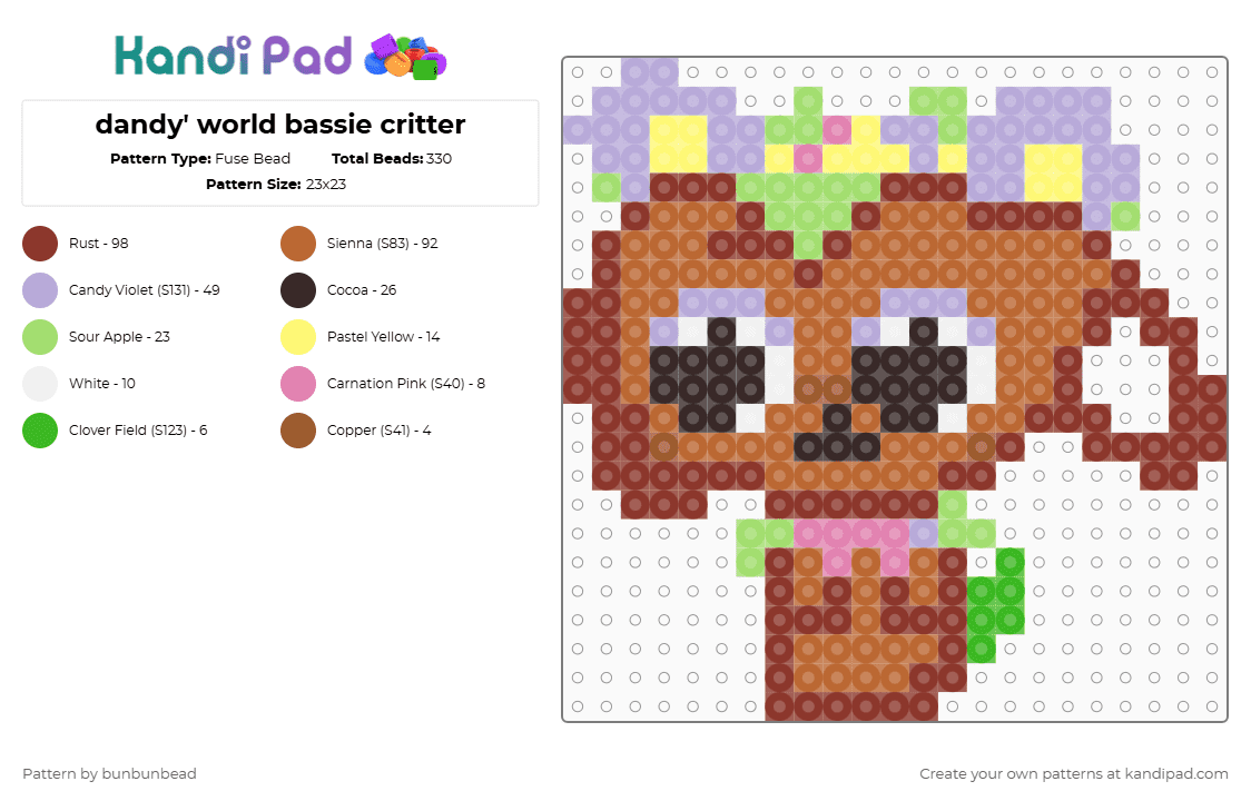 dandy\' world bassie critter - Fuse Bead Pattern by bunbunbead on Kandi Pad - red,tan,pink