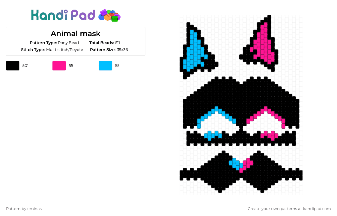 Animal mask - Pony Bead Pattern by eminas on Kandi Pad - black, light blue, pink