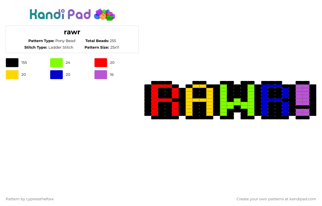 rawr - Pony Bead Pattern by cypressthefoxx on Kandi Pad - black,yellow,purple,colorful