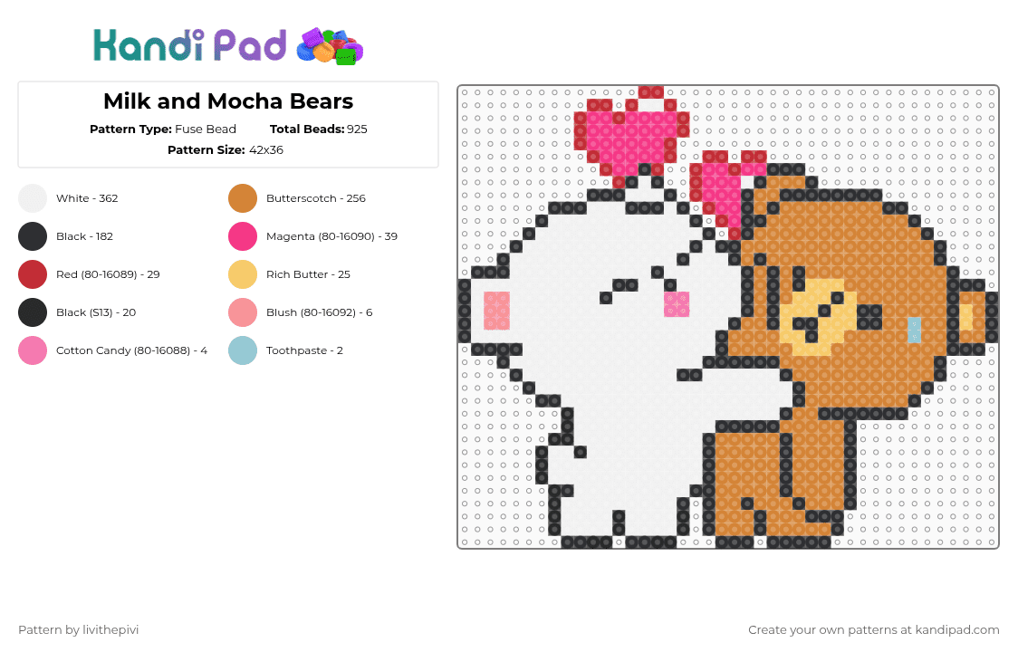 Milk and Mocha Bears Hugging - Fuse Bead Pattern by livithepivi on Kandi Pad - white,orange,milk and mocha bear,hug,livithepivi,love,milk and mocha bears