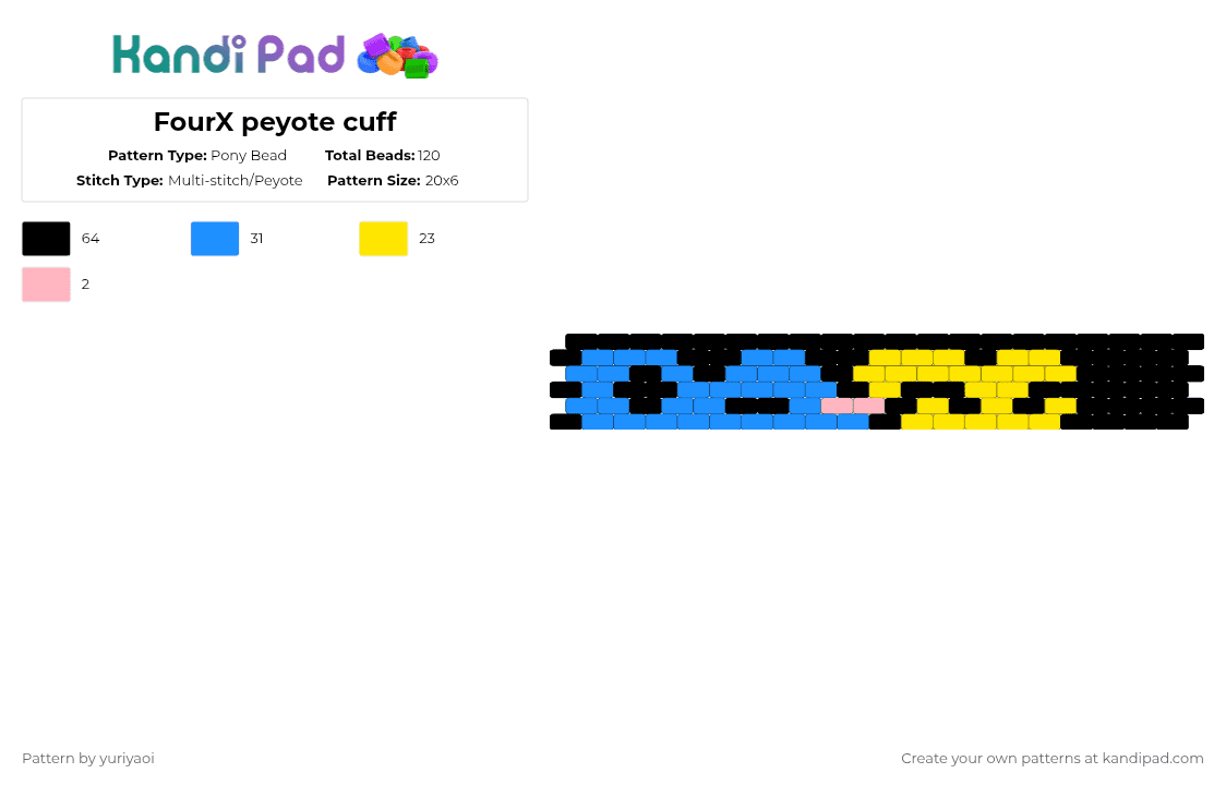 FourX peyote cuff - Pony Bead Pattern by yuriyaoi on Kandi Pad - light blue,yellow,fourx,bfdi,four,x