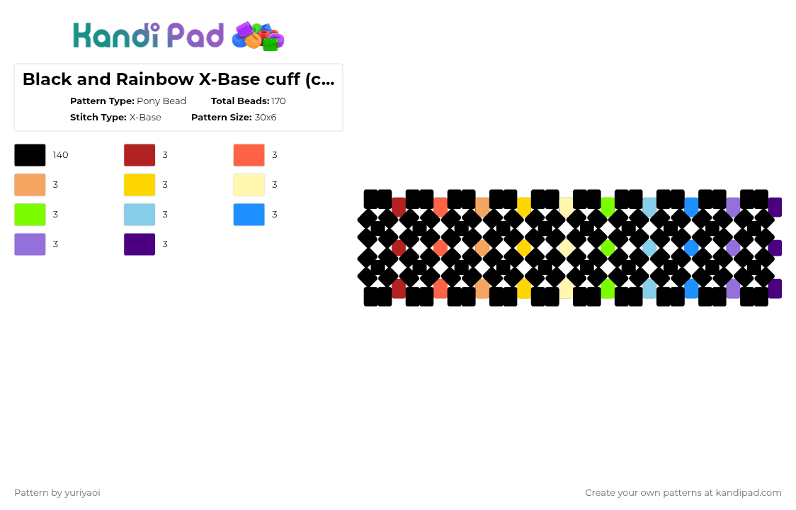 Black and Rainbow X-Base cuff (can be used to make mini rotater) - Pony Bead Pattern by yuriyaoi on Kandi Pad - black,yellow,purple,colorful,lifesteal,spokeishere,xbase,cuff,xbase cuff,rainbow,unstable universe