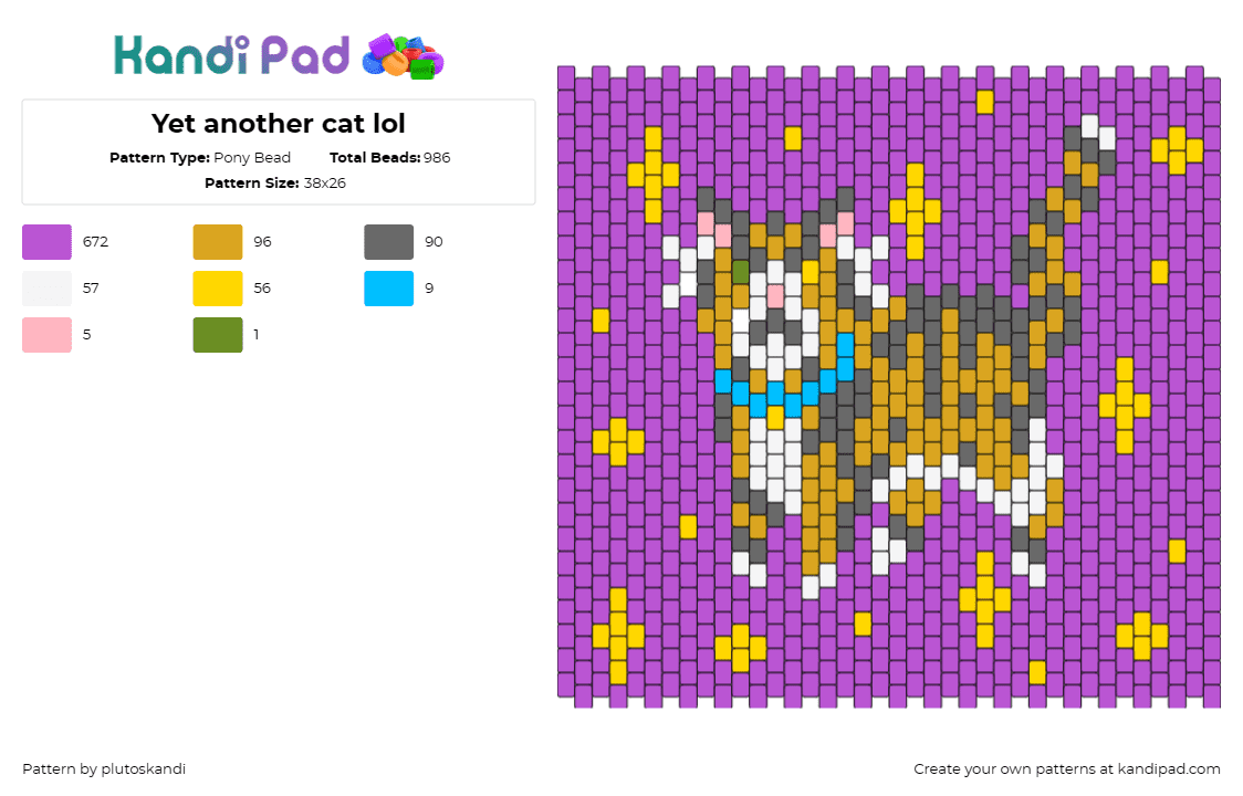 Yet another cat lol - Pony Bead Pattern by plutoskandi on Kandi Pad - cat,sparkles,stars,animal,pet,panel,purple,orange,yellow