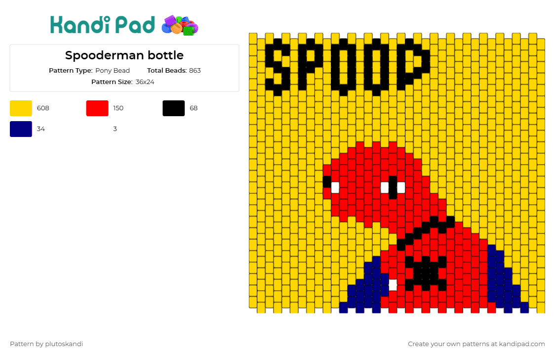 Spooderman bottle - Pony Bead Pattern by plutoskandi on Kandi Pad - spooderman,spiderman,meme,superhero,panel,humorous,playful,bright,quirky,fun,red,yellow