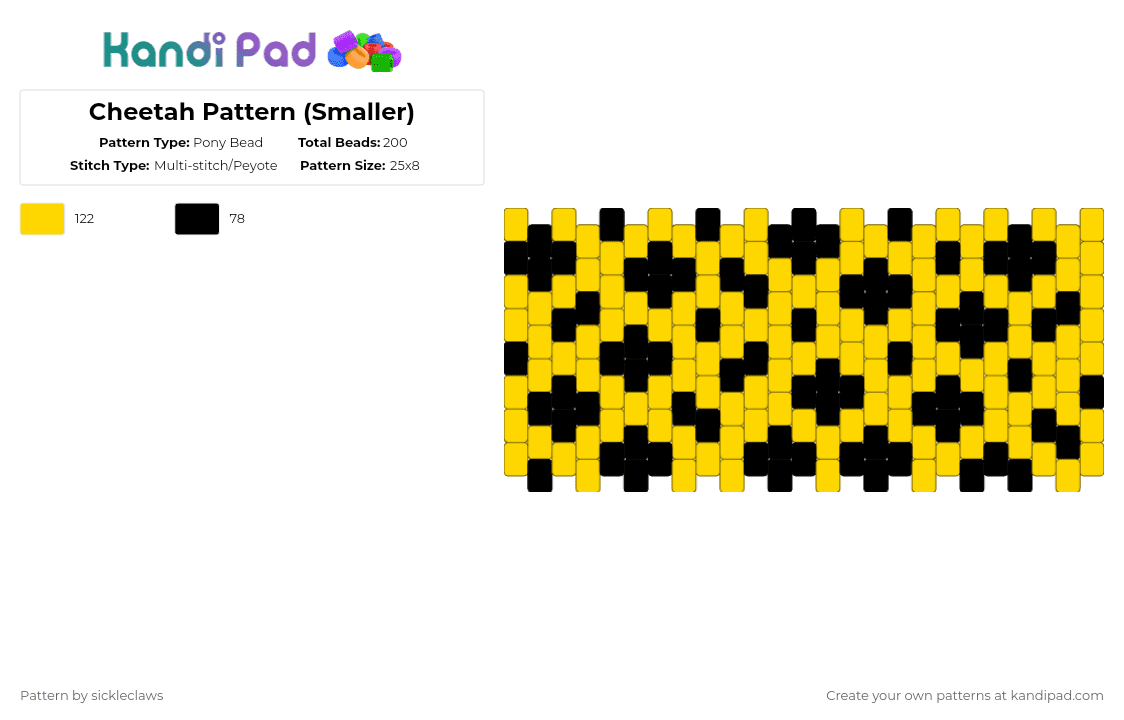 Cheetah Pattern Cuff (Smaller) - Pony Bead Pattern by sickleclaws on Kandi Pad - yellow,black