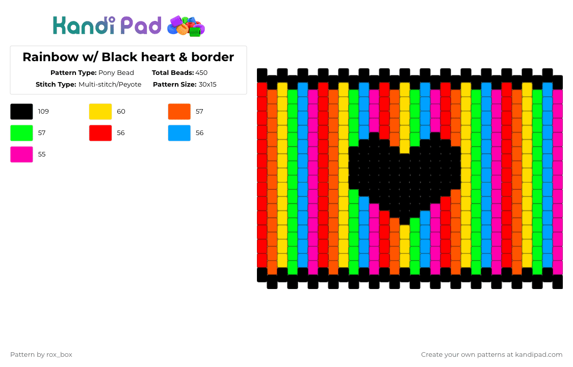 Rainbow w/ Black heart & border - Pony Bead Pattern by rox_box on Kandi Pad - orange,green,pink,colorful
