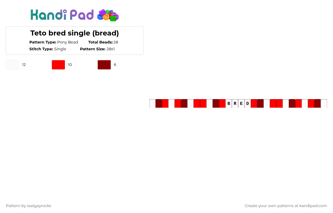 Teto bred single (bread) - Pony Bead Pattern by ieatgayrocks on Kandi Pad - white,red,cotdbread,bred,teto,single,vocaloid,bread,daily challenge