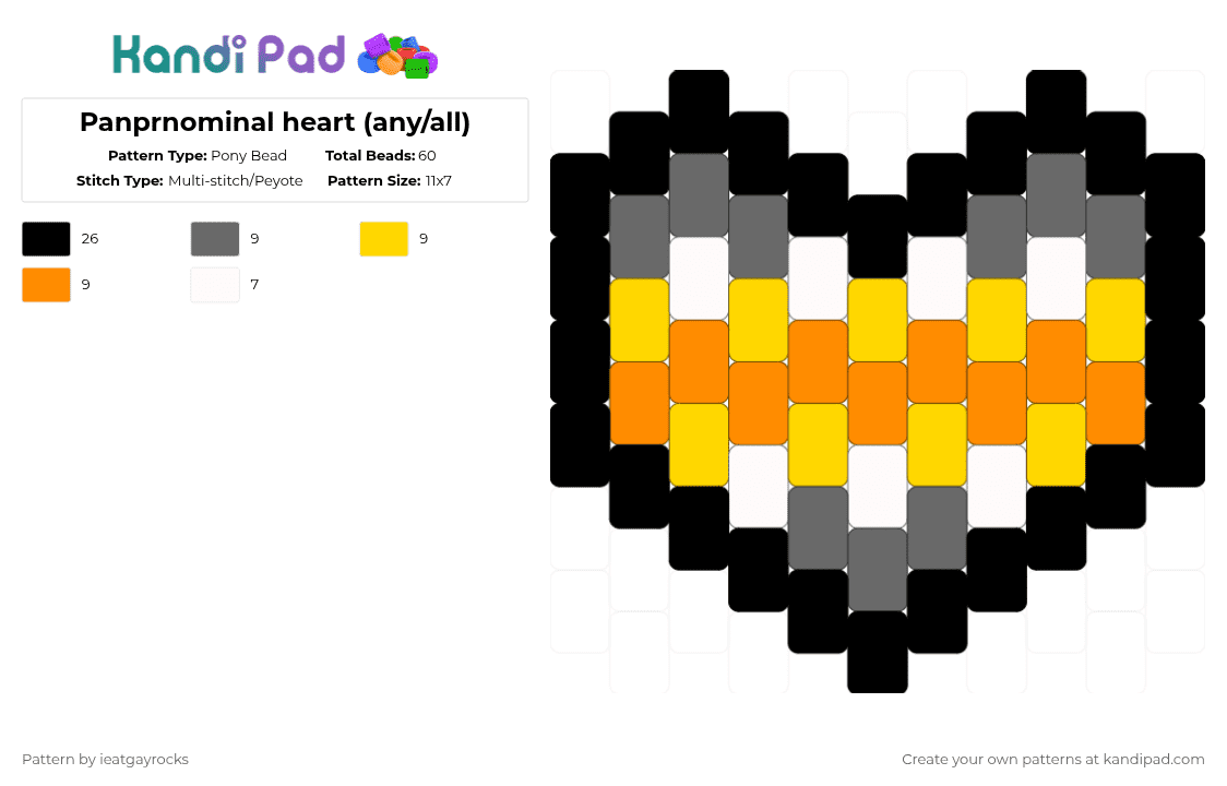 Panprnominal heart (any/all) - Pony Bead Pattern by ieatgayrocks on Kandi Pad - gray,yellow,orange,pride heart,lgbtq,panpronominal,anyall