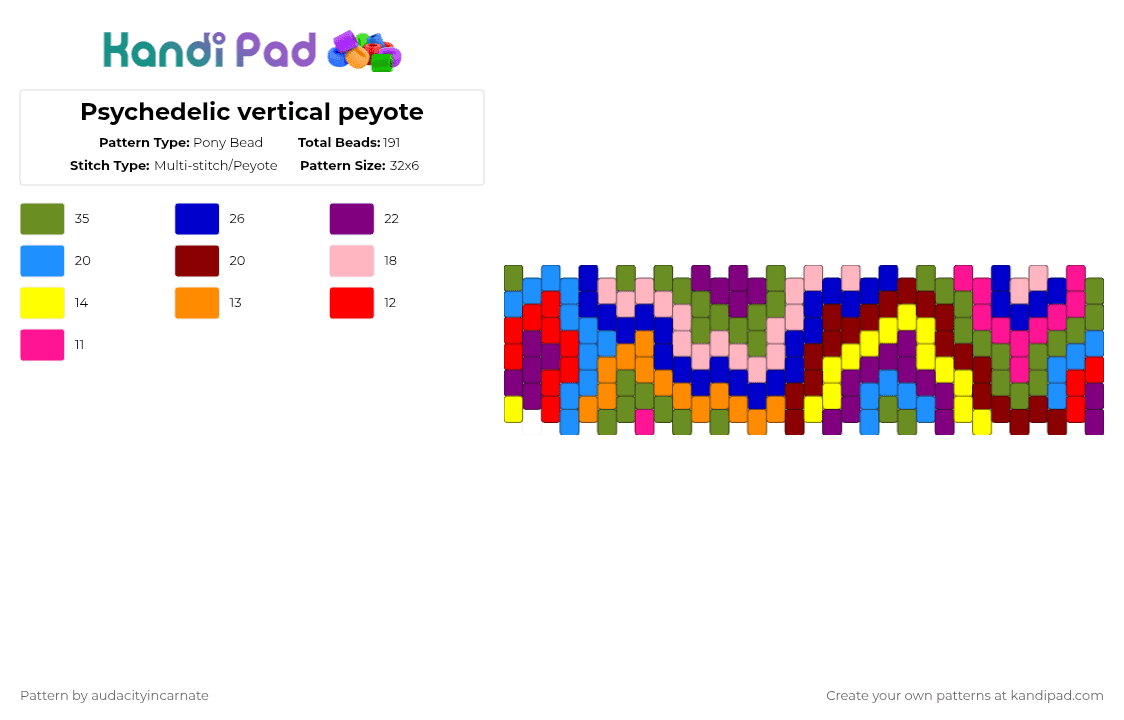 Psychedelic vertical peyote - Pony Bead Pattern by audacityincarnate on Kandi Pad - purple,pink,green,red