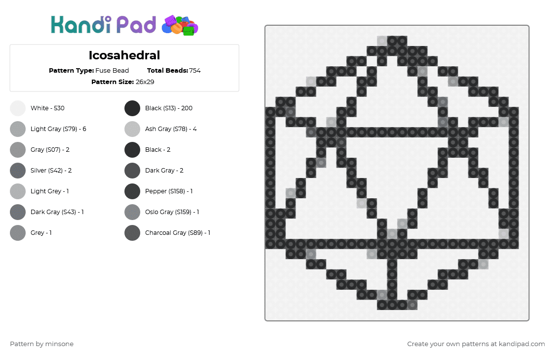 Icosahedral - Fuse Bead Pattern by minsone on Kandi Pad - gray, white