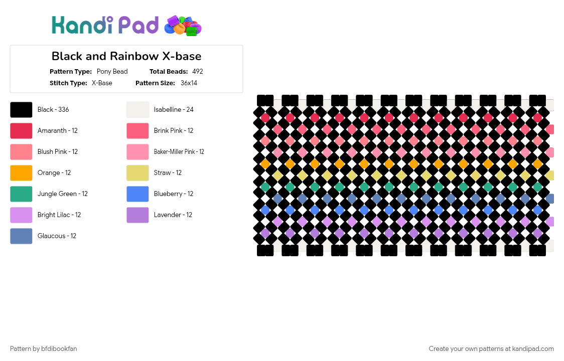 Black and Rainbow X-base - Pony Bead Pattern by bfdibookfan on Kandi Pad - black, blue, pink, red