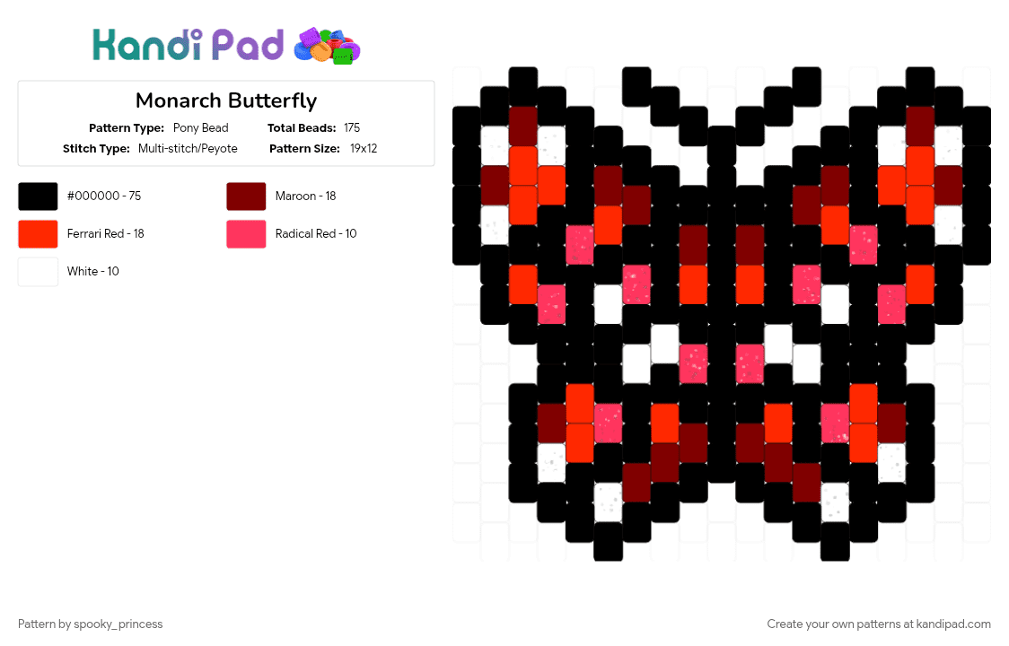 Monarch Butterfly - Pony Bead Pattern by spooky_princess on Kandi Pad - black, brown, butterfly, insect, monarch butterfly, red