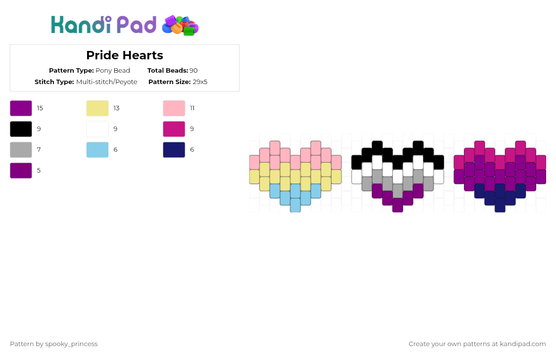 Pride Hearts - Pony Bead Pattern by spooky_princess on Kandi Pad - pink,cotdhearts,pride,bi,ace,pan