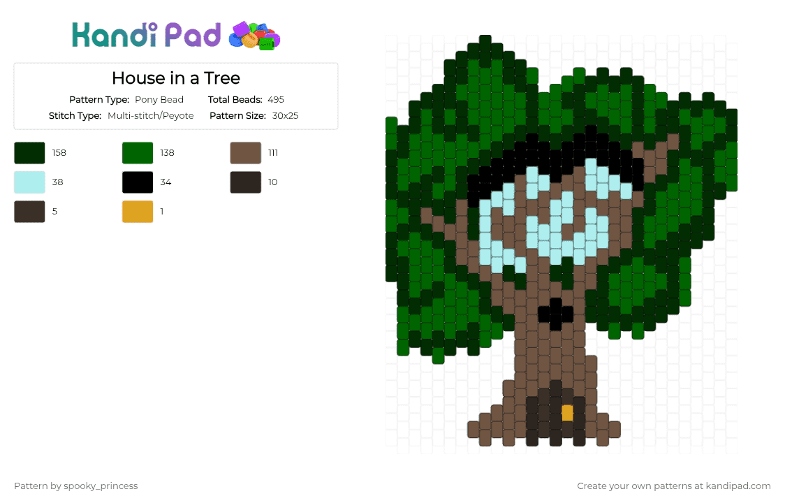 House in a Tree - Pony Bead Pattern by spooky_princess on Kandi Pad - cotdtreehouses, green, home, house, tan, tree, treehouse