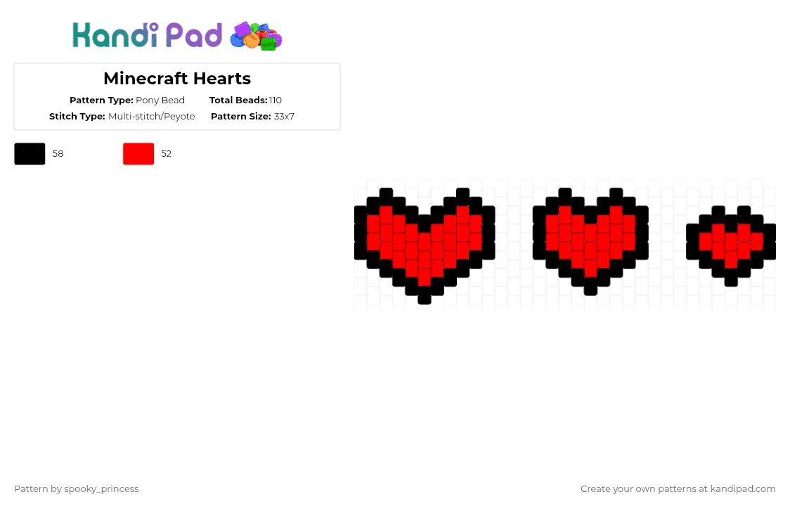 Minecraft Hearts - Pony Bead Pattern by spooky_princess on Kandi Pad - black,red,cotdhearts,hearts,minecraft