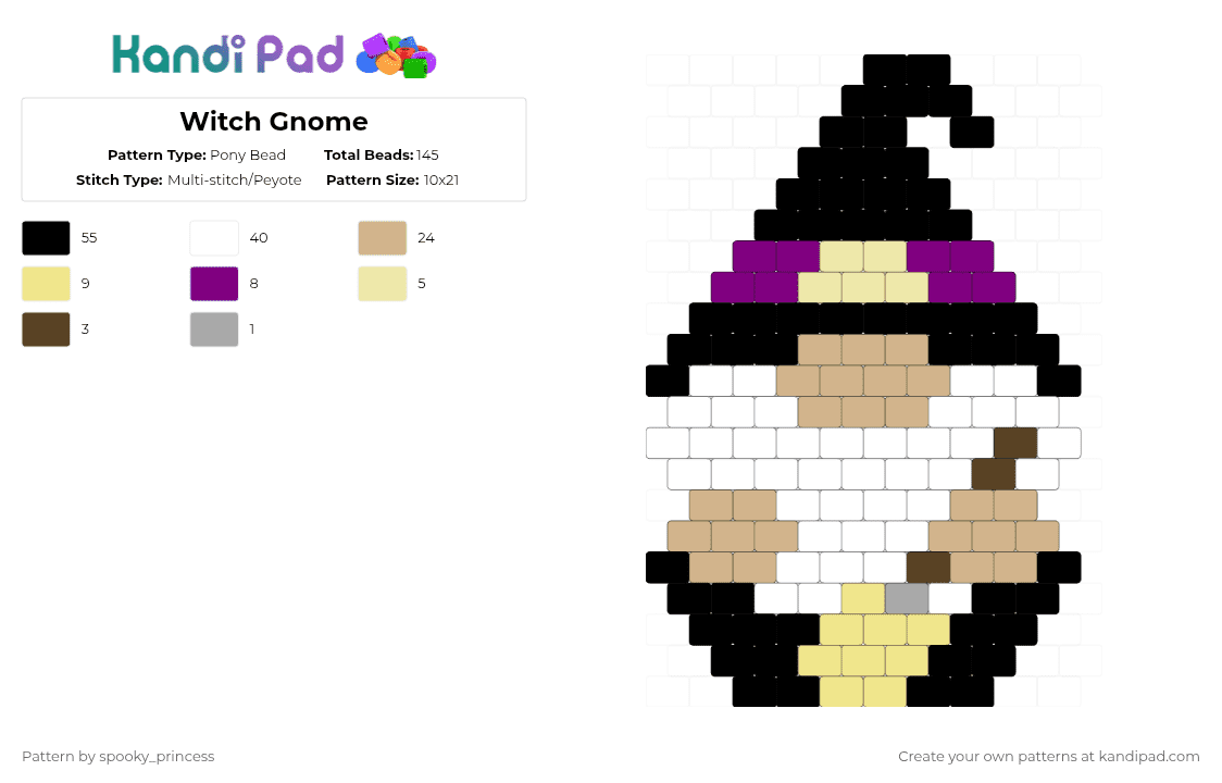 Witch Gnome - Pony Bead Pattern by spooky_princess on Kandi Pad - yellow,beige,gnome,witch,witch gnome