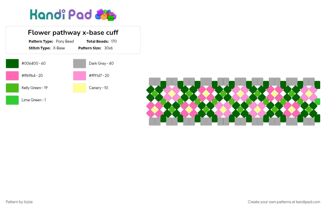 Flower pathway x-base cuff - Pony Bead Pattern by tizzie on Kandi Pad - beige, flower, garden, green, nature, path, pink, spring