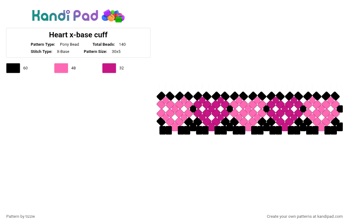 Heart x-base cuff - Pony Bead Pattern by tizzie on Kandi Pad - pink,black,heart,xbase