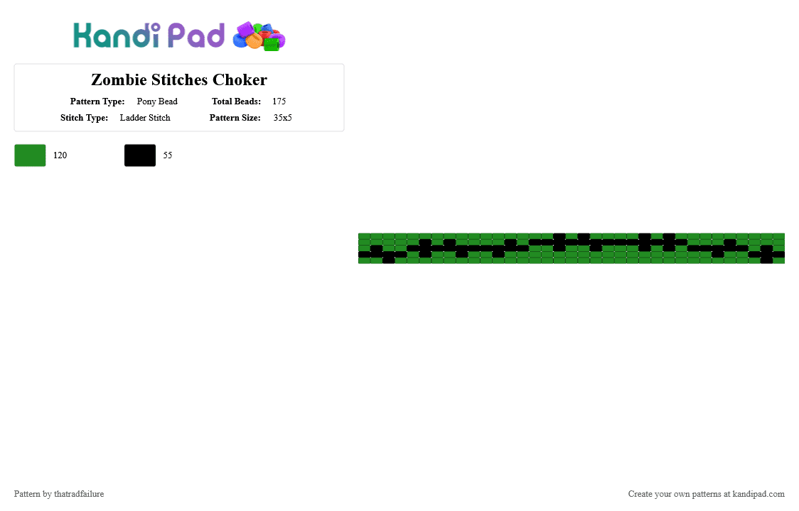 Zombie Stitches Choker - Pony Bead Pattern by thatradfailure on Kandi Pad - black, choker, green, horror, monster, otherkin, stitches, zombie, zombiekin