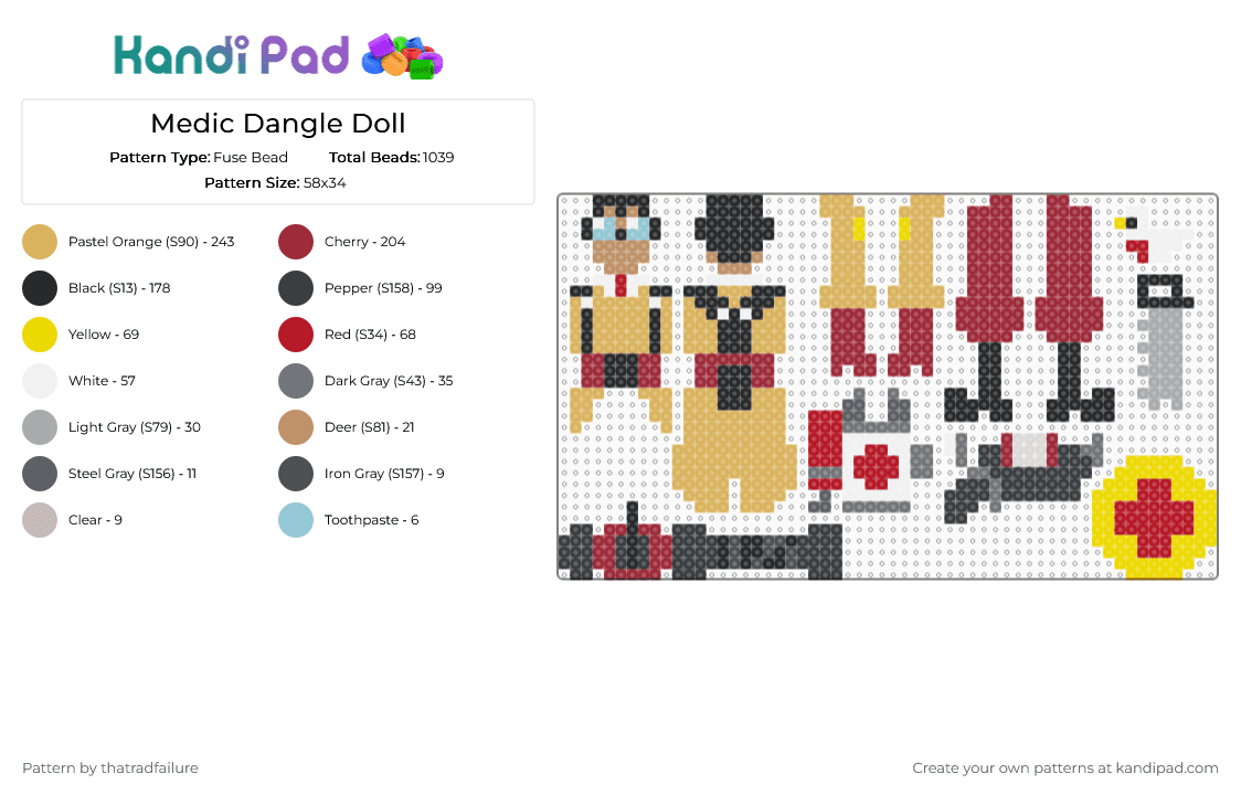 Medic Dangle Doll - Fuse Bead Pattern by thatradfailure on Kandi Pad - orange,red,team fortress 2,tf2,medic tf2,dangle,doll,accessories,archimedes