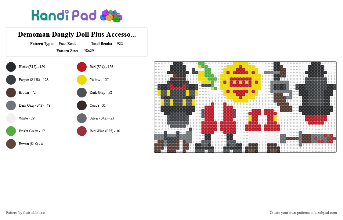 Demoman Dangly Doll Plus Accessories - Fuse Bead Pattern by thatradfailure on Kandi Pad - accessories, brown, dangle, demo tf2, demoman tf2, doll, gray, red, team fortress 2, yellow