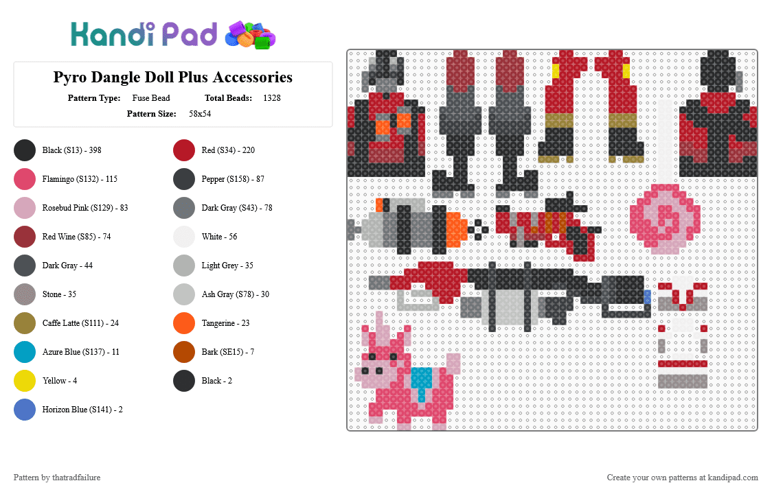 Pyro Dangle Doll Plus Accessories - Fuse Bead Pattern by thatradfailure on Kandi Pad - gray,red,pink,pyro tf2,tf2,team fortress 2,dangle,doll,accessories,balloonicorn