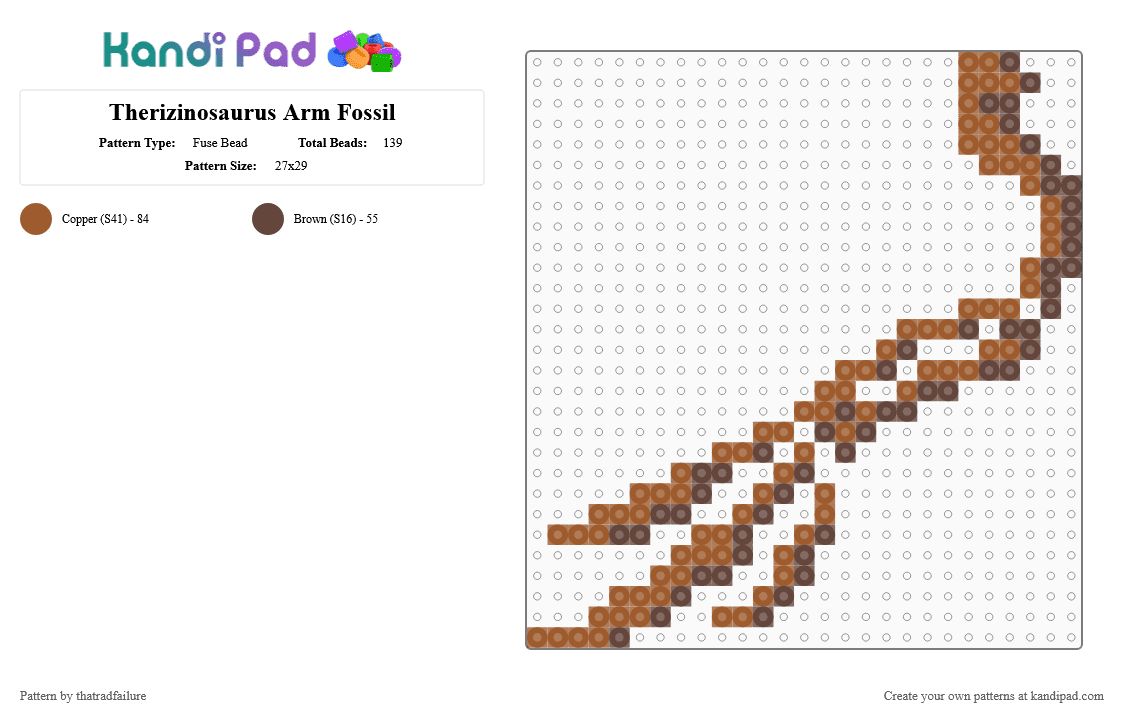 Therizinosaurus Arm Fossil - Fuse Bead Pattern by thatradfailure on Kandi Pad - bones, brown, dinosaur, fossil, tan, therizinosaurus