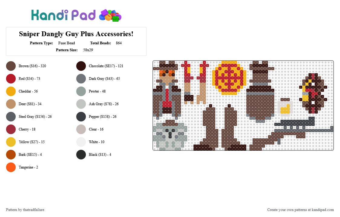 Sniper Dangly Guy Plus Accessories! - Fuse Bead Pattern by thatradfailure on Kandi Pad - brown,gray,team fortress 2,tf2,sniper tf2,doll,dangle,accessories