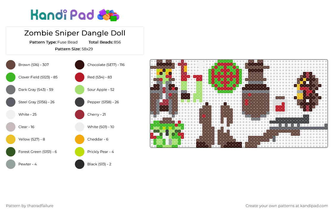 Zombie Sniper Dangle Doll - Fuse Bead Pattern by thatradfailure on Kandi Pad - brown, gray, green, red, sniper, sniper tf2, team fortress 2, tf2, zombie