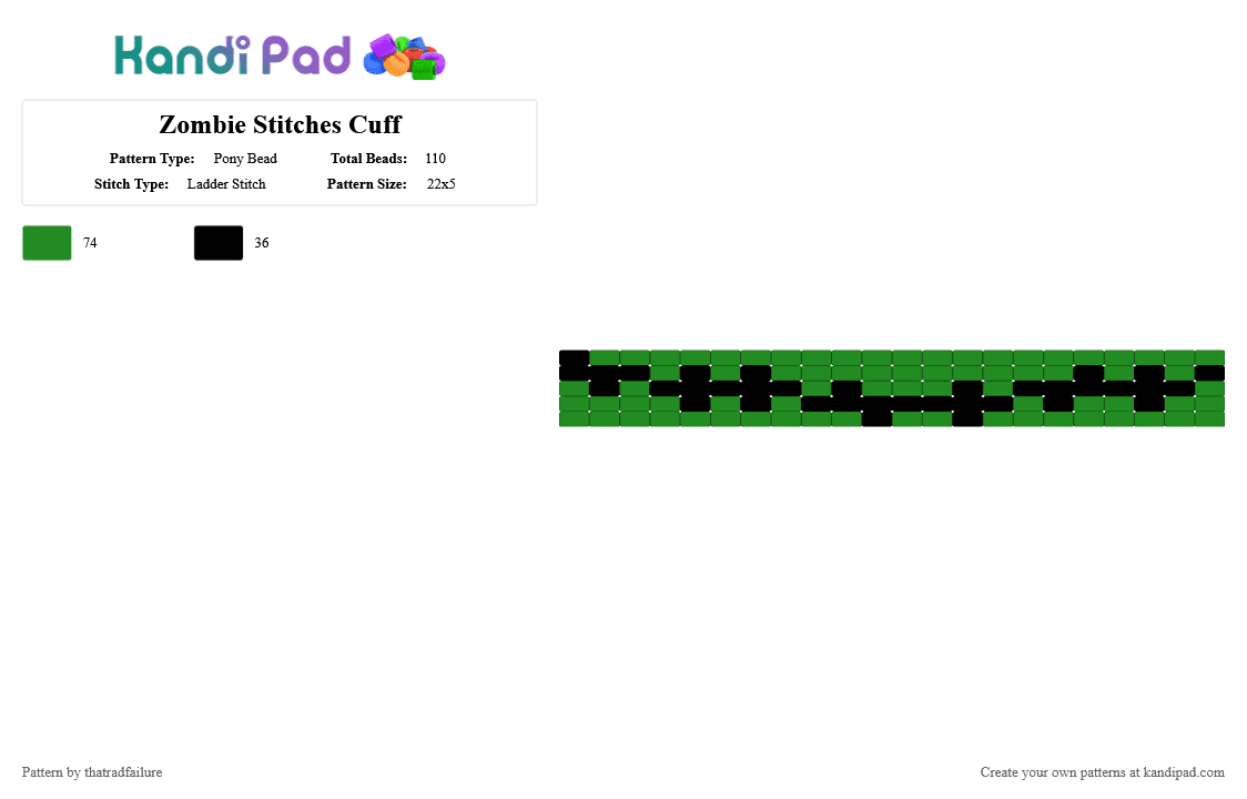 Zombie Stitches Cuff - Pony Bead Pattern by thatradfailure on Kandi Pad - black, green, horror, monster, stitches, zombie, zombiekin