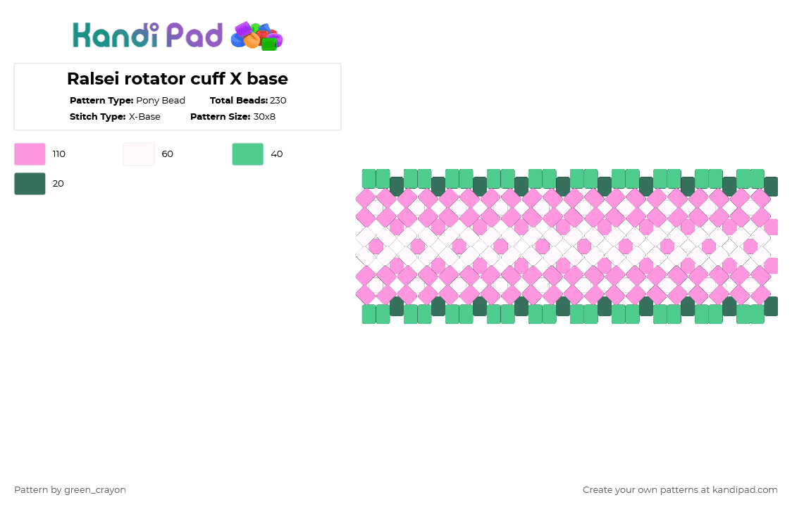 Ralsei rotator cuff X base - Pony Bead Pattern by green_crayon on Kandi Pad - pink,teal,ralsei,pony beads,toby fox,rotator,rotator cuff,x base,deltarune