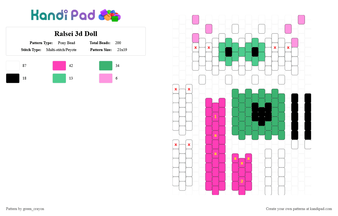 Ralsei 3d Doll - Pony Bead Pattern by green_crayon on Kandi Pad - pink,green,ralsei,deltarune,toby fox,scarf,doll,multistitch