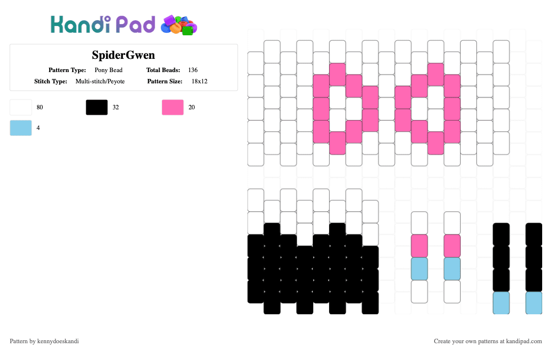 SpiderGwen - Pony Bead Pattern by kennydoeskandi on Kandi Pad - white,pink