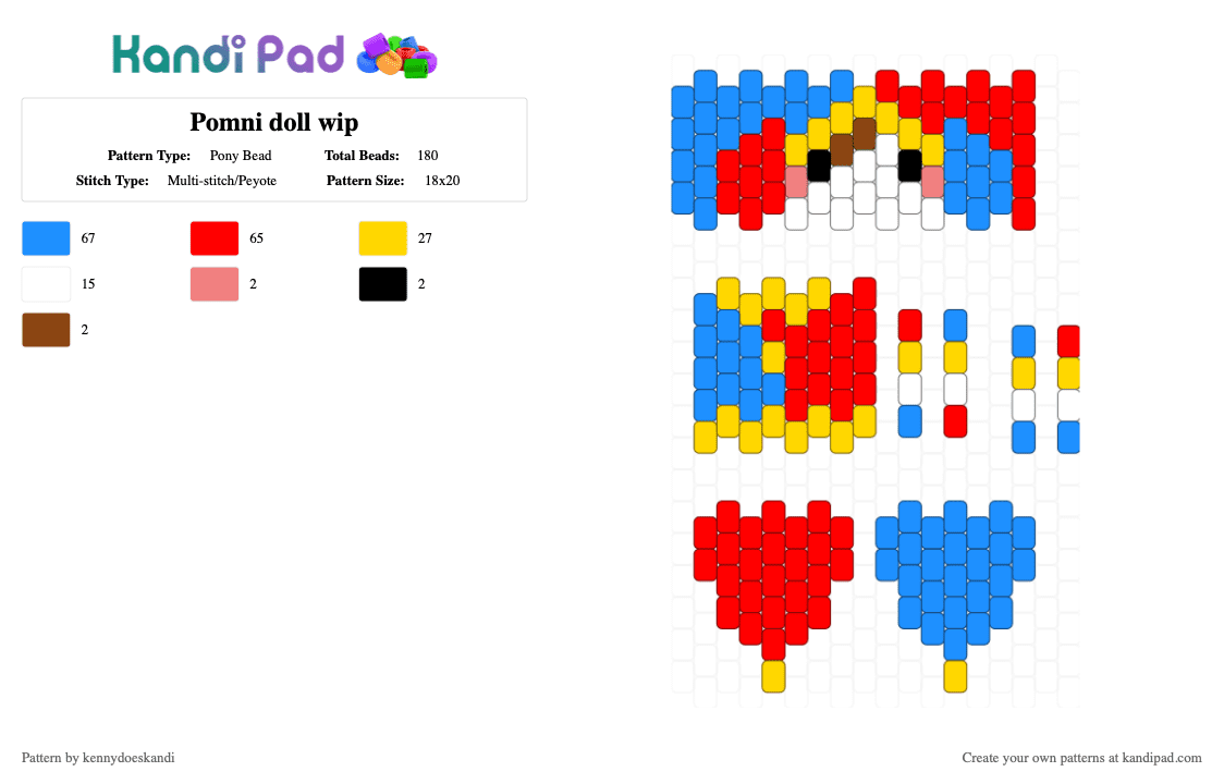 Pomni doll wip - Pony Bead Pattern by kennydoeskandi on Kandi Pad - light blue,red
