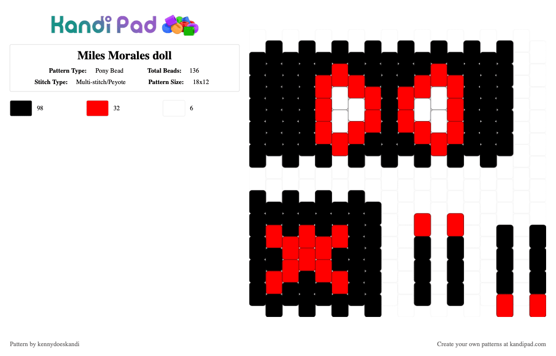 Miles Morales doll - Pony Bead Pattern by kennydoeskandi on Kandi Pad - black, character, doll, miles morales, movie, red, spiderman, superhero
