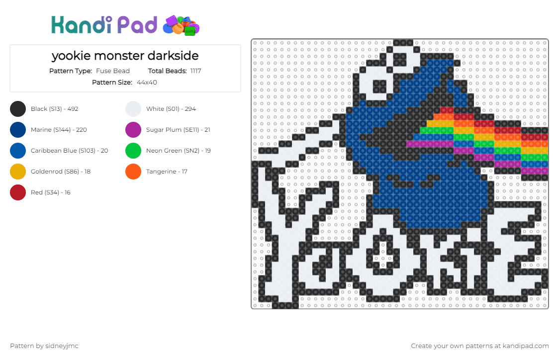 yookie monster darkside - Fuse Bead Pattern by sidneyjmc on Kandi Pad - yookie,cookie monster,dark side of the moon,mashup,sesame street,dj,music,edm,black,white,blue