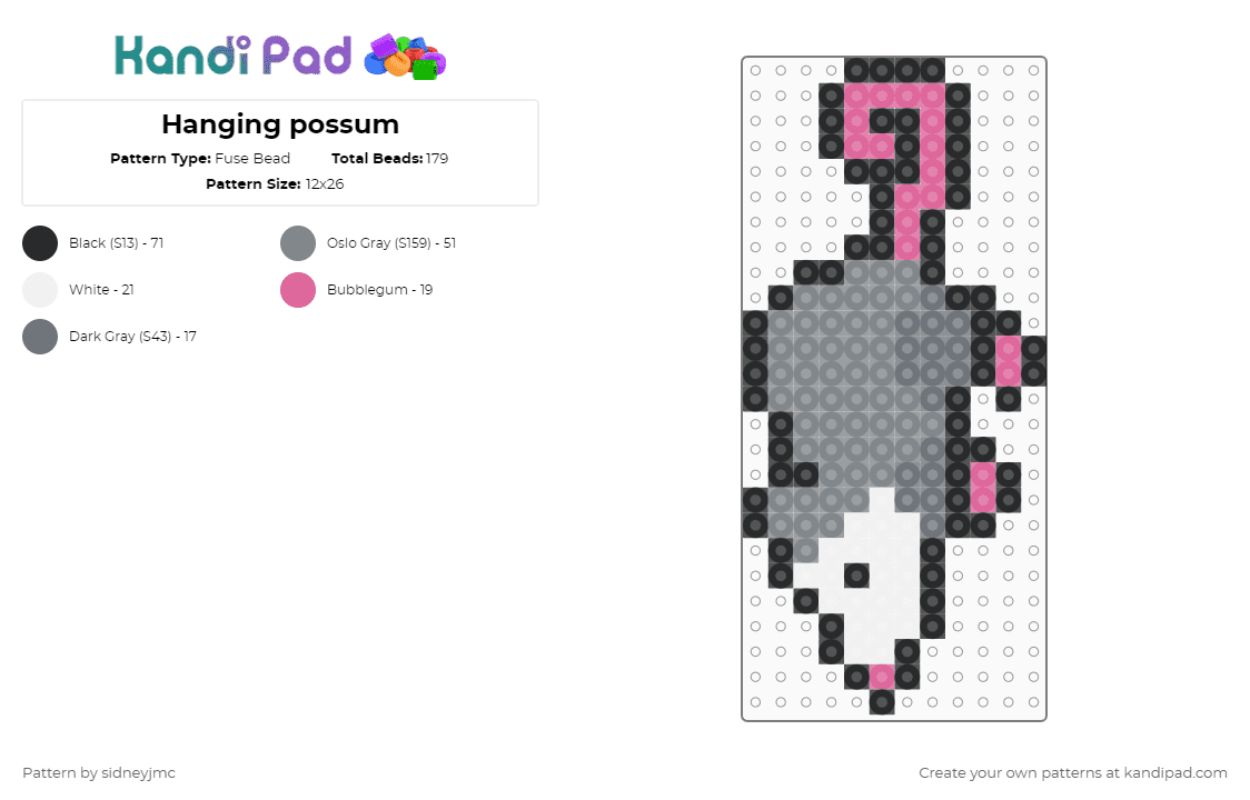 Hanging possum - Fuse Bead Pattern by sidneyjmc on Kandi Pad - gray