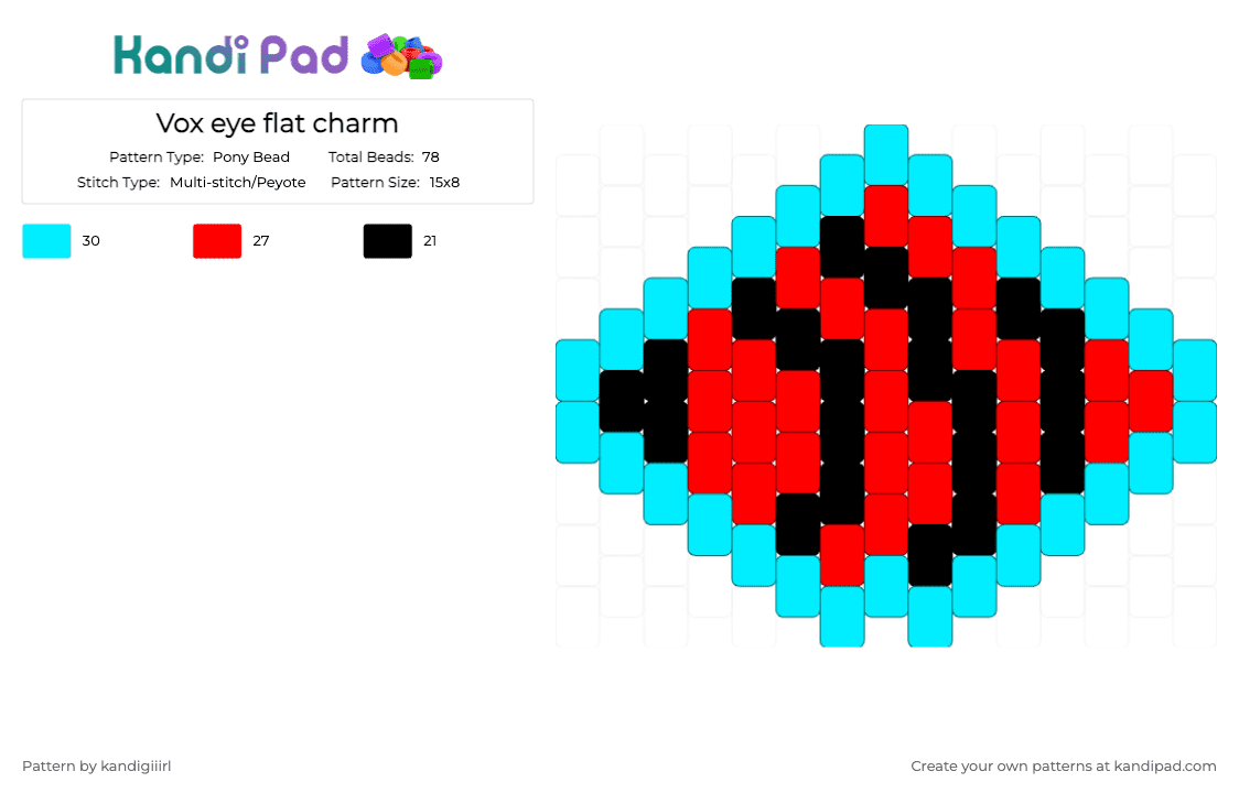 Vox eye flat charm - Pony Bead Pattern by kandigiiirl on Kandi Pad - character, charm, easy, eye, flat charm, hazbin hotel, hh, light blue, red, vox