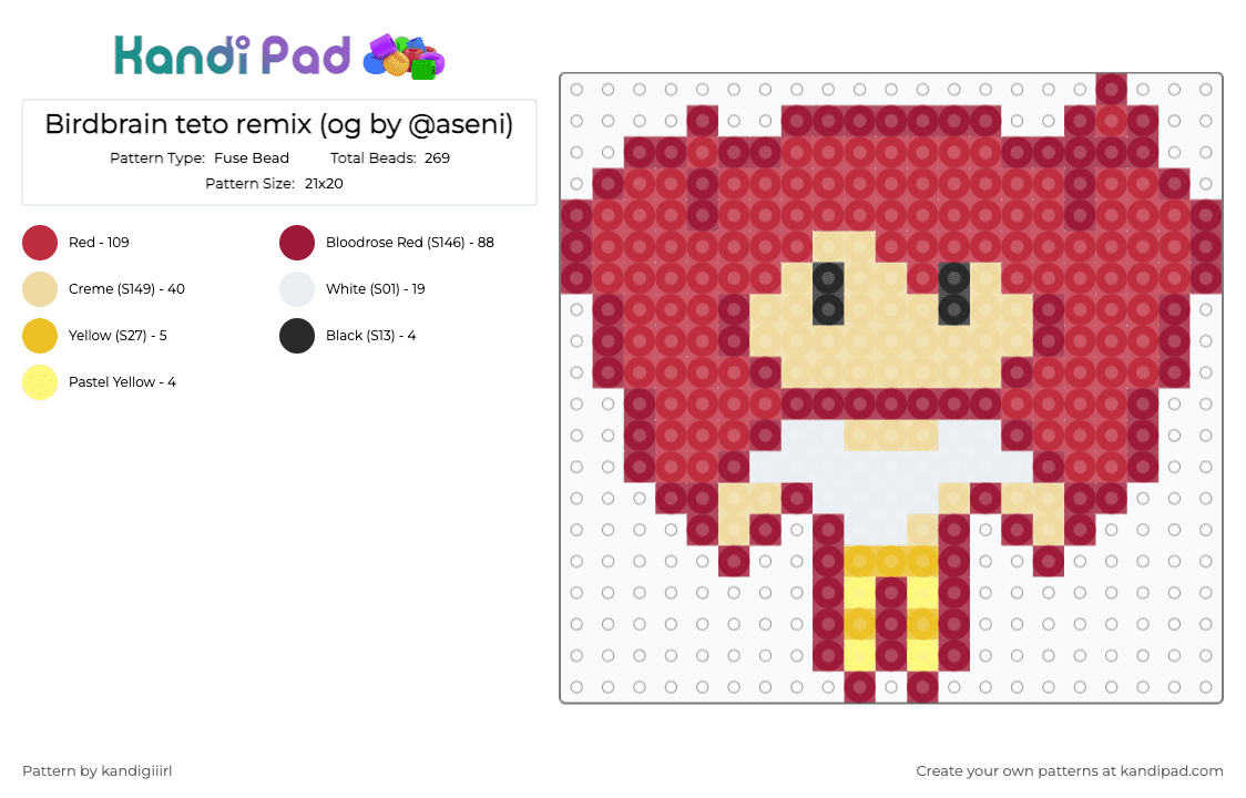 Birdbrain teto remix (og by @aseni) - Fuse Bead Pattern by kandigiiirl on Kandi Pad - birdbrain, character, chibi, music, red, teto, teto birdbrain, utau