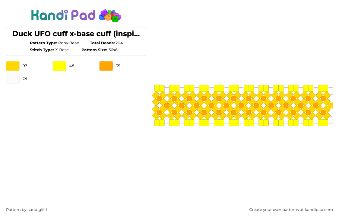 Duck UFO cuff x-base cuff (inspired by Lucifer from Hazbin Hotel) - Pony Bead Pattern by kandigiiirl on Kandi Pad - beginner, beginner friendly, duck, easy, hazbin hotel, ufo cuff, xbase cuff, yellow