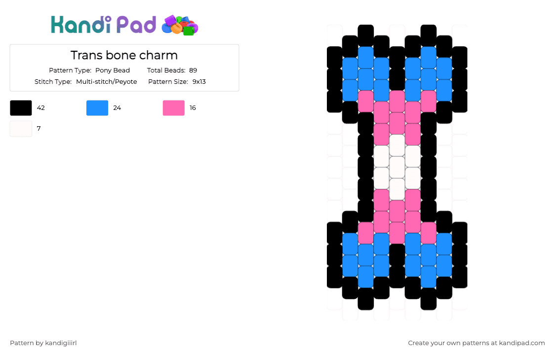 Trans bone charm - Pony Bead Pattern by kandigiiirl on Kandi Pad - light blue,pink,trans,lgbtq,pride,furry,therian,bone,charm,bone charm