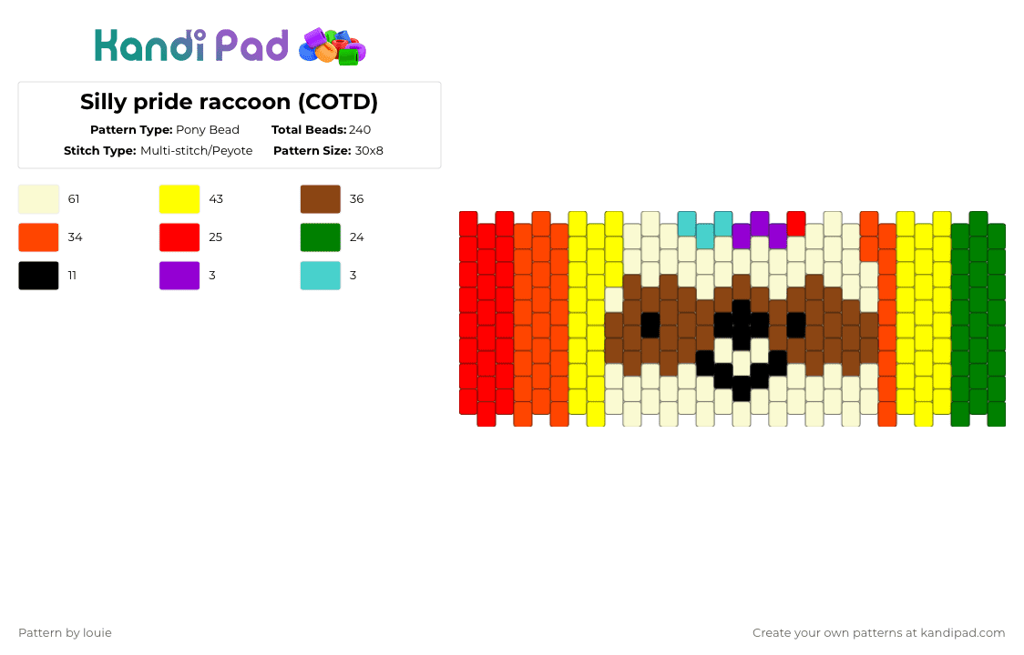 Silly pride raccoon (COTD) - Pony Bead Pattern by louie on Kandi Pad - yellow,red,cotdraccoons,raccoon,pride,rainbow,silly,scene
