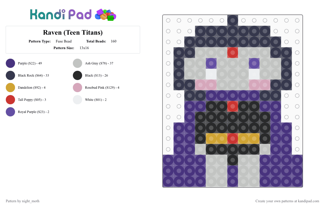 Raven (Teen Titans) - Fuse Bead Pattern by night_moth on Kandi Pad - beige,purple