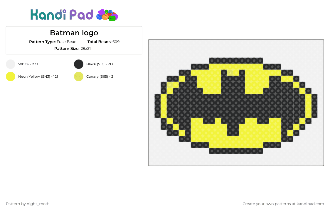 Batman logo - Fuse Bead Pattern by night_moth on Kandi Pad - white,yellow