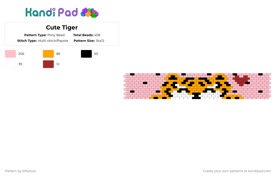 Cute Tiger - Pony Bead Pattern by kittylove on Kandi Pad - pink
