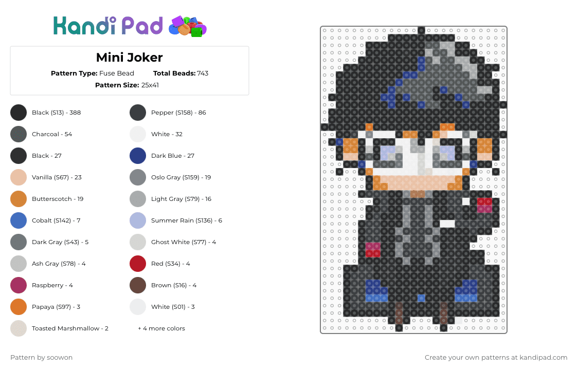 Mini Joker - Fuse Bead Pattern by soowon on Kandi Pad - black,pink,gray,beige,colorful
