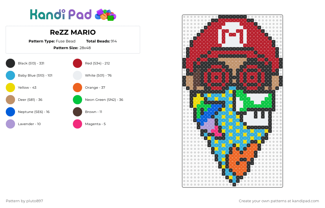 ReZZ MARIO - Fuse Bead Pattern by pluto897 on Kandi Pad - red,light blue,rave,mario