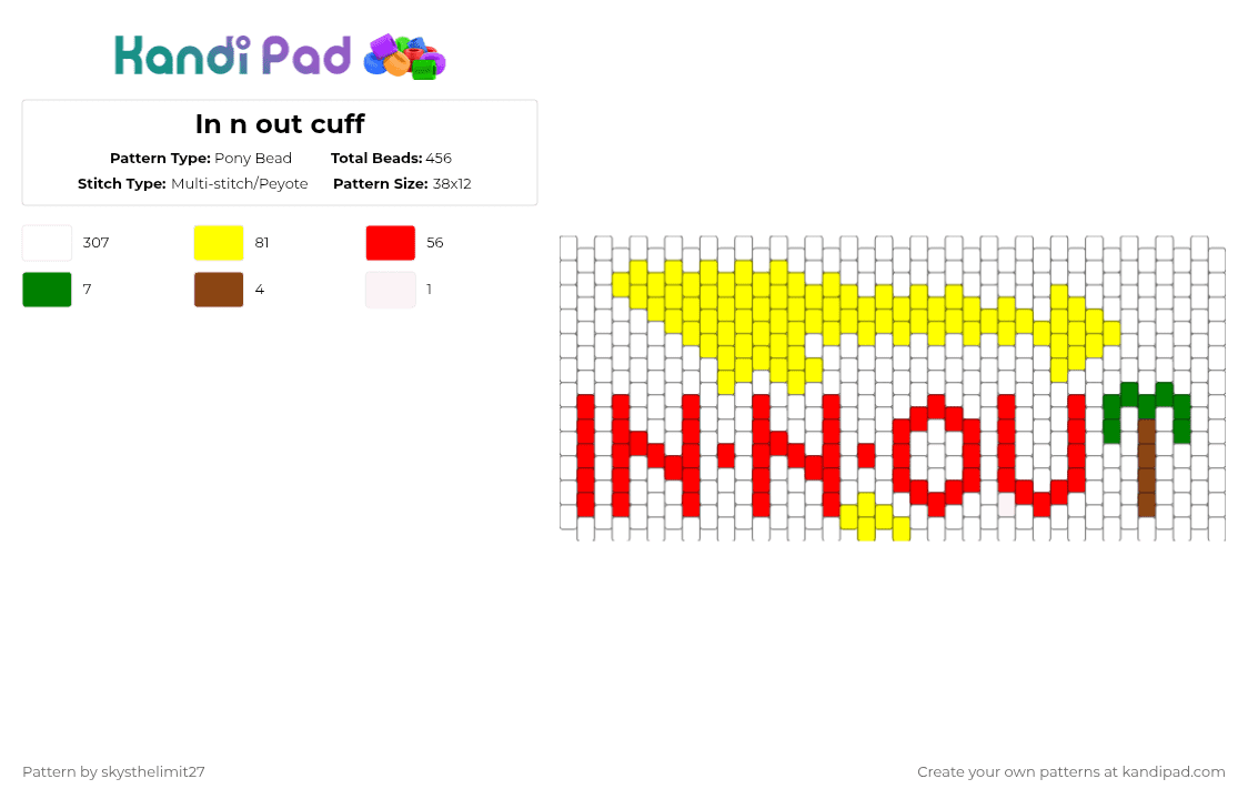 In n out cuff - Pony Bead Pattern by skysthelimit27 on Kandi Pad - white,yellow,red,innout,cuff,multistitch