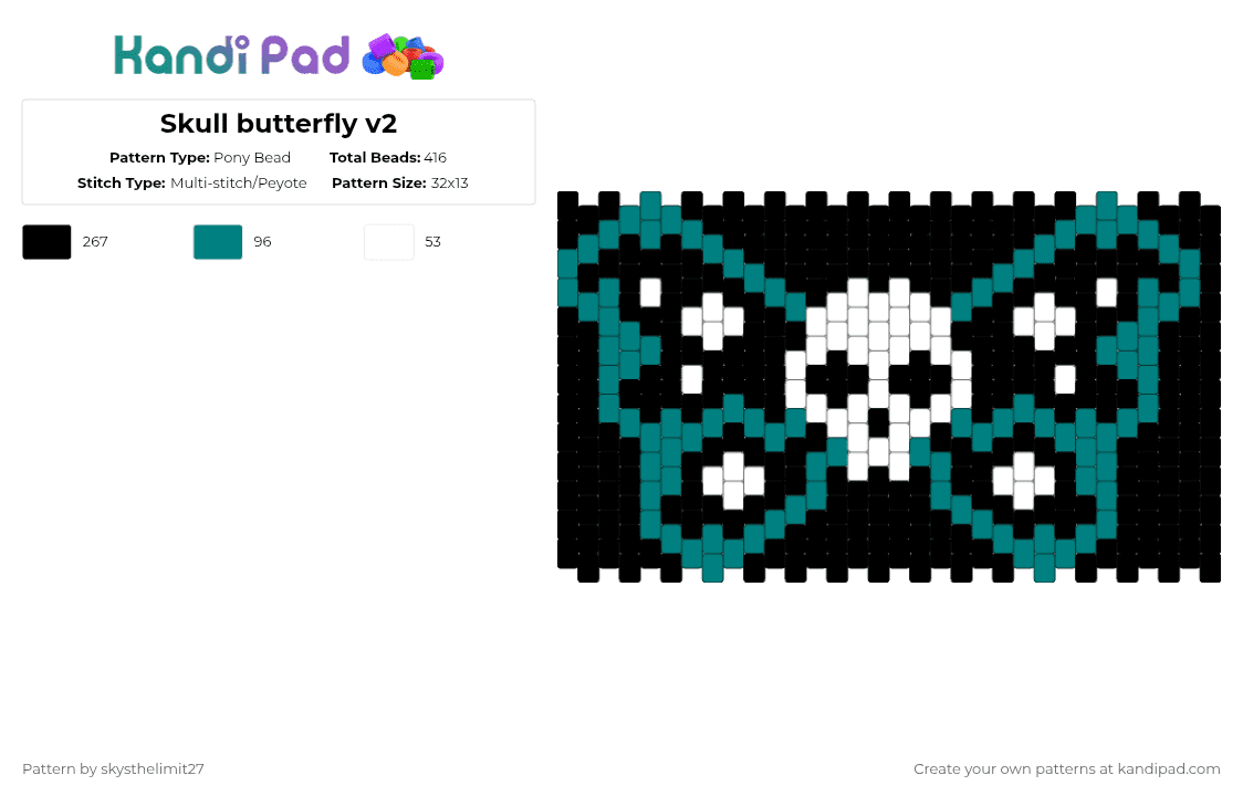 Skull butterfly v2 - Pony Bead Pattern by skysthelimit27 on Kandi Pad - kai wachi,dj,music,edm,animal,halloween,spooky,black,teal,white,kaiwachi,butterfly,skull,cuff,multistitch