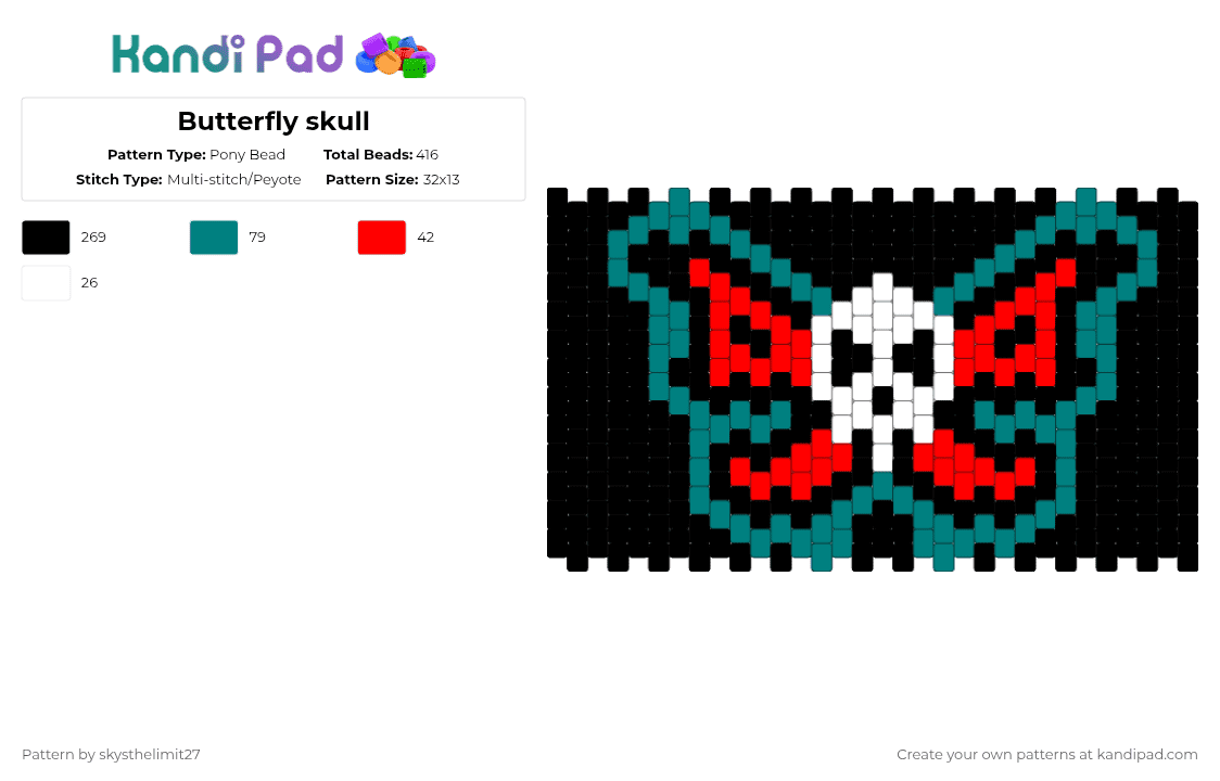 Butterfly skull - Pony Bead Pattern by skysthelimit27 on Kandi Pad - kai wachi,animal,halloween,spooky,black,teal,red,kaiwachi,butterfly,skull